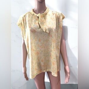 True vintage yellow chiffon floral print Sleeveless Keyhole Neck Top Size XL